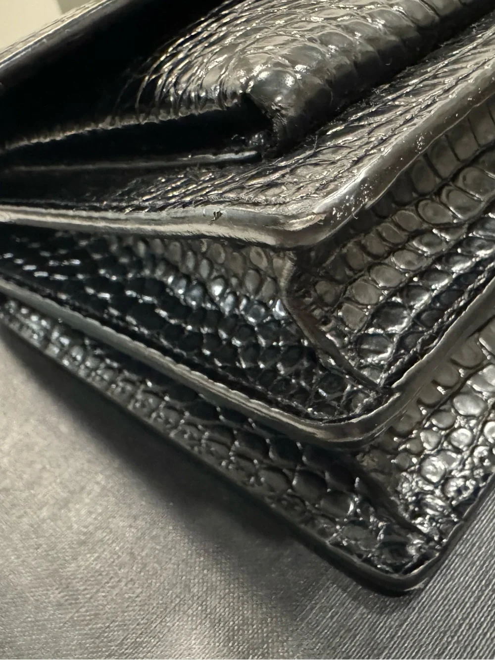 Saint Laurent Sunset Black Croc-Embossed Suede-Trim Shoulder Bag